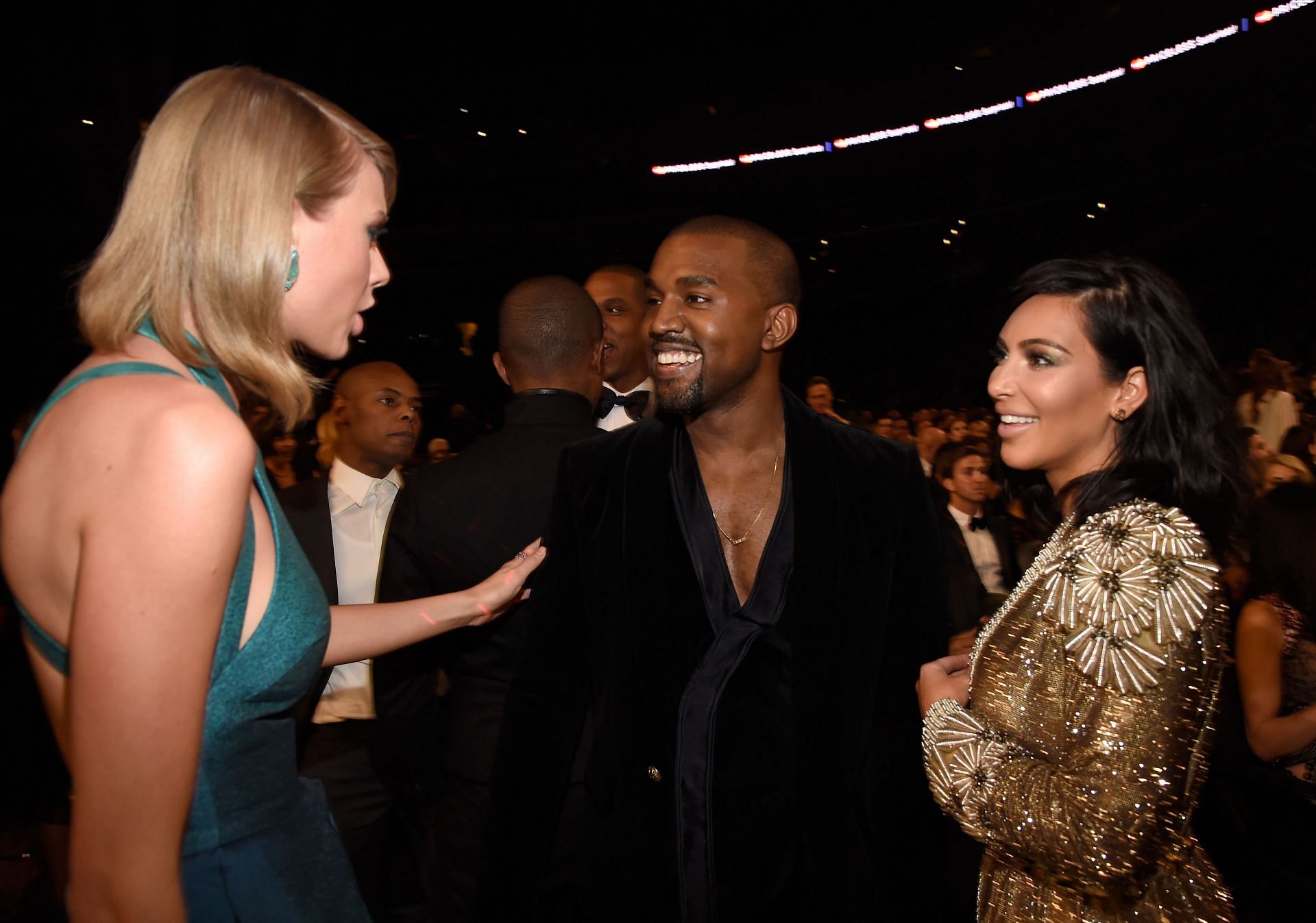 Taylor Swift, Kanye West, and Kim Kardashian West attend the 57th Annual GRAMMY Awards (Image via Getty)